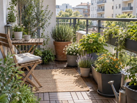 Sunny apartment balcony garden with potted herbs, flowers, and container plants arranged with open space for light, airflow, drainage, and easy maintenance.