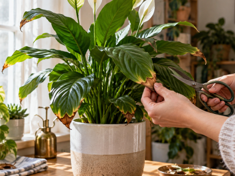 Person inspecting and trimming brown leaf tips on a potted houseplant near a bright window, showing visible leaf-edge damage and routine plant care.