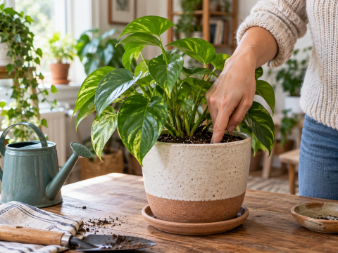 Person checking the soil moisture of a healthy indoor houseplant before watering in a bright home.