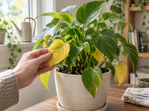 Person inspecting yellow leaves on a potted houseplant in a bright indoor setting to check for possible watering, light, or root problems.