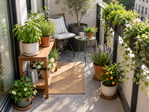 Small balcony garden with plants growing in different container sizes, showing how pot size affects space use, watering, stability, and plant growth.