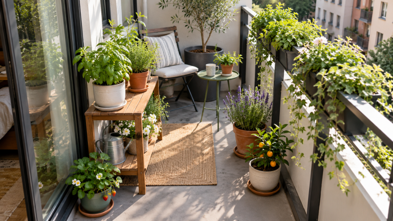 Small balcony garden with plants growing in different container sizes, showing how pot size affects space use, watering, stability, and plant growth.