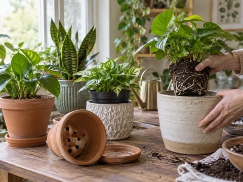 Different indoor plant pots in terracotta, ceramic, and plastic with visible drainage holes, showing how pot size and material affect houseplant care.