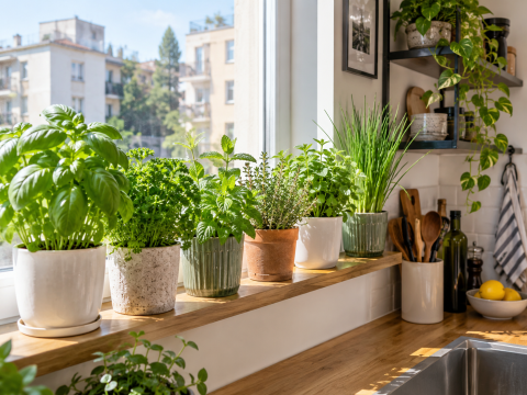 Compact apartment herb garden with basil, parsley, mint, thyme, and chives growing in small pots beside a bright kitchen window.