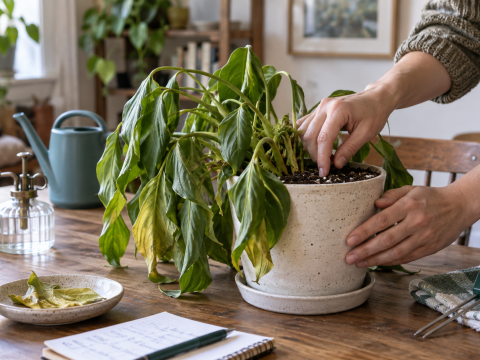 Person checking the soil of a drooping houseplant with wilted leaves, using observation and moisture checks before deciding whether the plant needs water.
