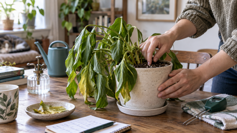 Person checking the soil of a drooping houseplant with wilted leaves, using observation and moisture checks before deciding whether the plant needs water.