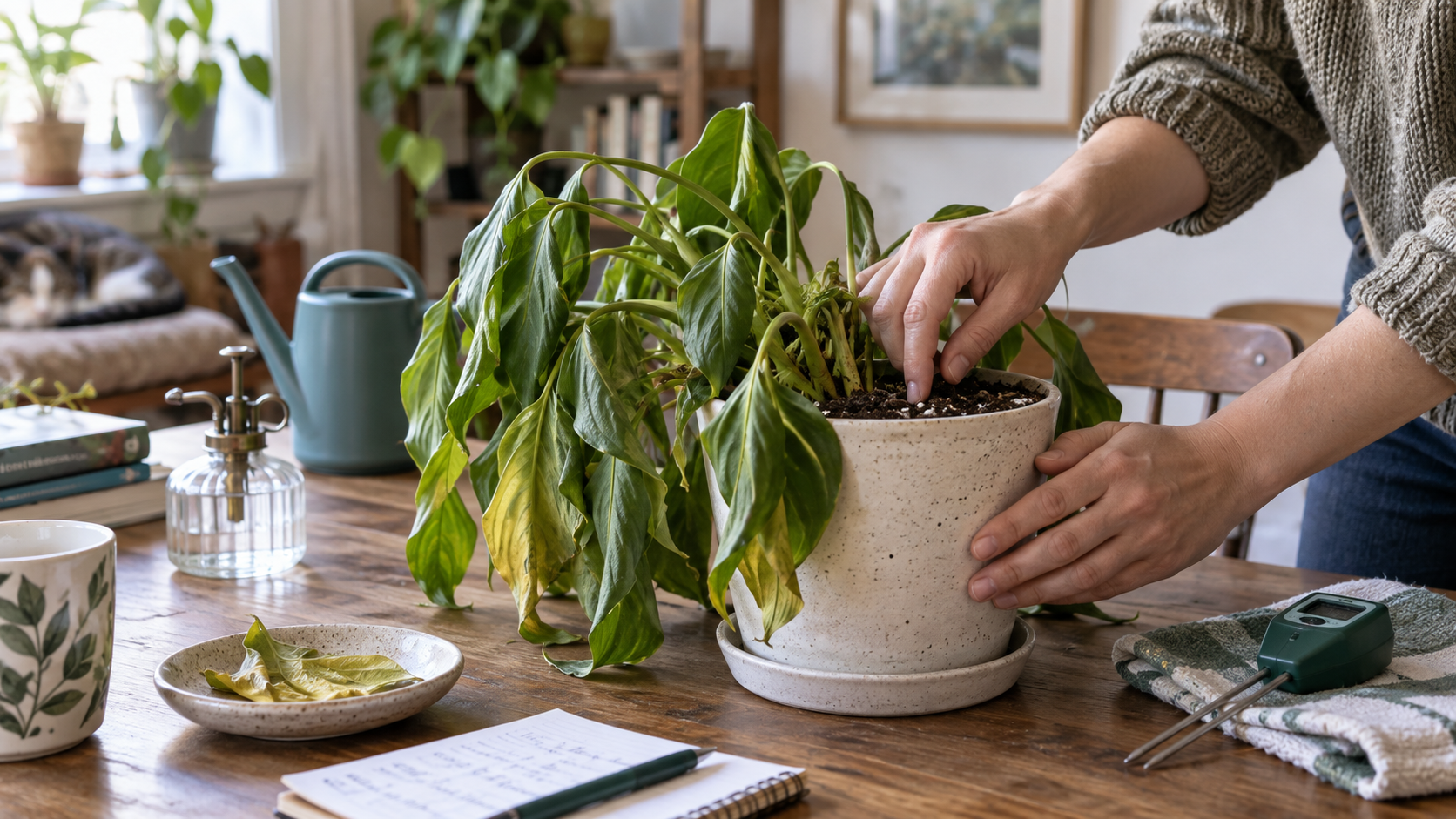 Person checking the soil of a drooping houseplant with wilted leaves, using observation and moisture checks before deciding whether the plant needs water.