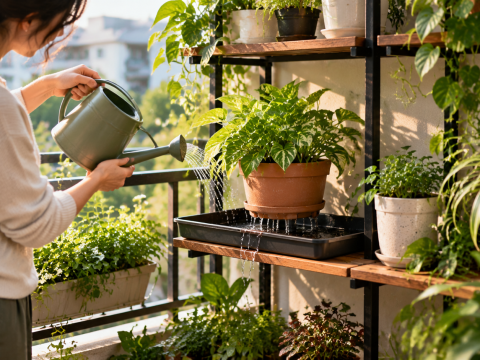 A balcony garden with potted plants being watered on a tiered shelf, showing drainage trays collecting excess water to control runoff in a small-space gardening setup.