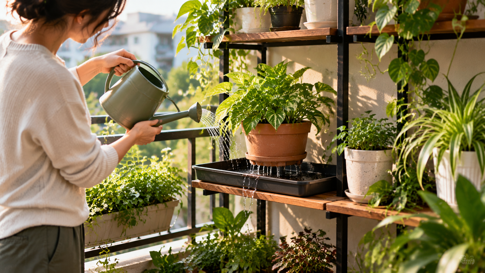 A balcony garden with potted plants being watered on a tiered shelf, showing drainage trays collecting excess water to control runoff in a small-space gardening setup.