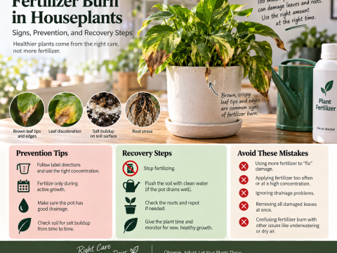Houseplant with brown crispy leaf tips and visible fertilizer stress, shown with examples of salt buildup, root stress, prevention tips, and recovery steps.