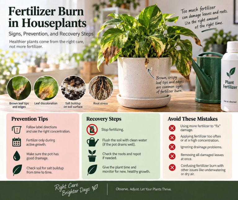 Houseplant with brown crispy leaf tips and visible fertilizer stress, shown with examples of salt buildup, root stress, prevention tips, and recovery steps.