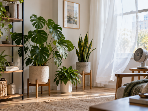 Indoor houseplants spaced around a bright living room with gentle air movement from an open window and small fan, avoiding direct drafts on the leaves.