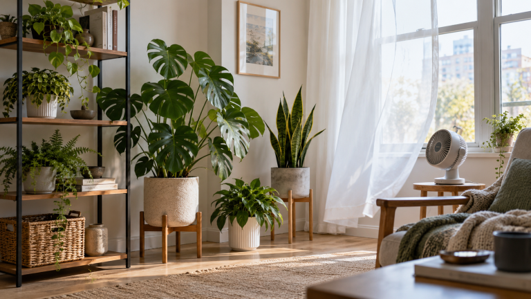 Indoor houseplants spaced around a bright living room with gentle air movement from an open window and small fan, avoiding direct drafts on the leaves.