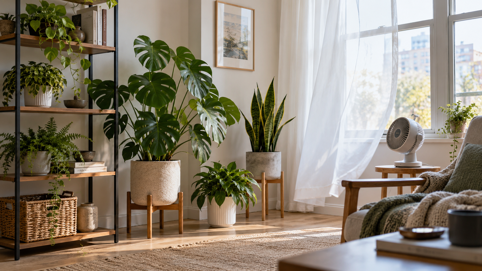 Indoor houseplants spaced around a bright living room with gentle air movement from an open window and small fan, avoiding direct drafts on the leaves.