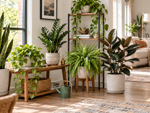 Grouped houseplants arranged with open spacing near a bright window, showing balanced light, airflow, watering access, and room for healthy growth.