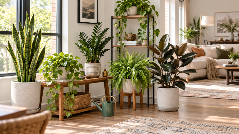 Grouped houseplants arranged with open spacing near a bright window, showing balanced light, airflow, watering access, and room for healthy growth.