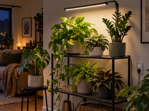 Indoor houseplants arranged beneath an LED grow light, showing practical light placement, distance, and coverage in a cozy evening plant corner.