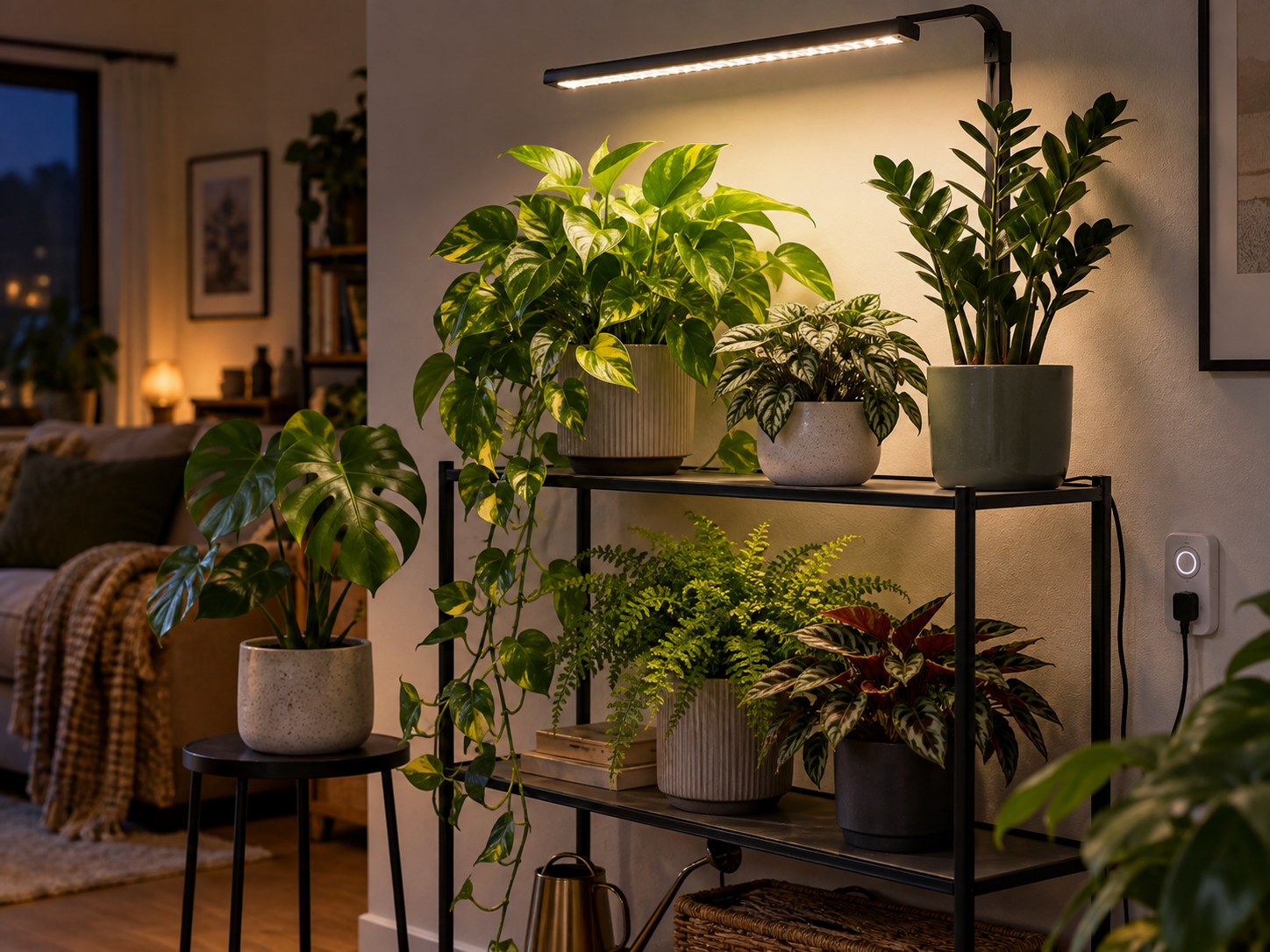 Indoor houseplants arranged beneath an LED grow light, showing practical light placement, distance, and coverage in a cozy evening plant corner.