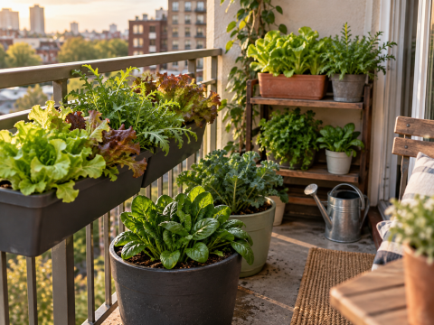 Leafy greens growing in containers and railing planters on a small sunny balcony with open space for airflow, watering, and easy maintenance.
