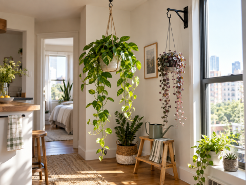 Hanging houseplants suspended near a bright window in a small apartment, arranged with safe support, clear walking space, and easy access for watering and maintenance.