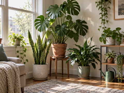 Healthy indoor plant corner with leafy houseplants arranged near a bright window, showing good natural light, airflow, and practical placement in a cozy home setting.