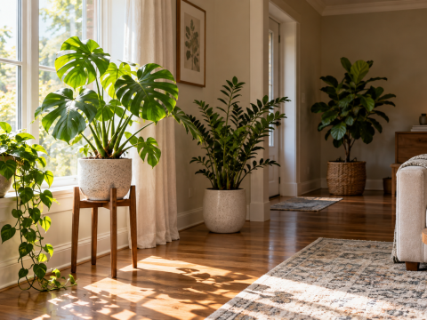 Houseplants positioned at different distances from a bright window in a living room, showing how indoor light intensity changes with placement.