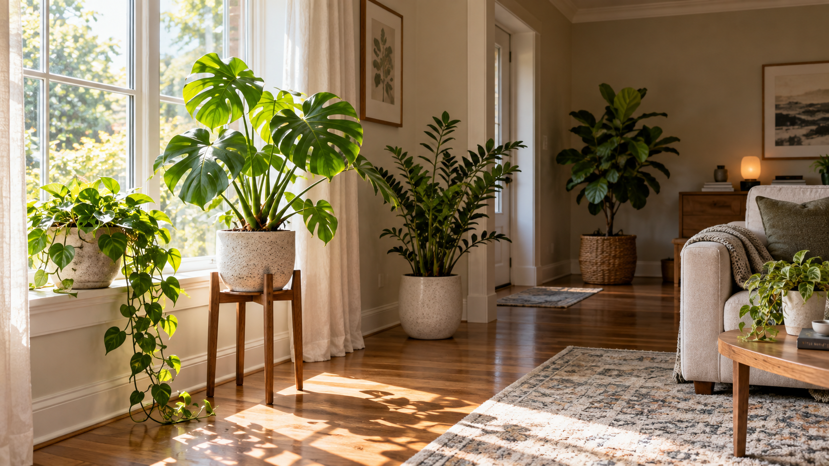 Houseplants positioned at different distances from a bright window in a living room, showing how indoor light intensity changes with placement.