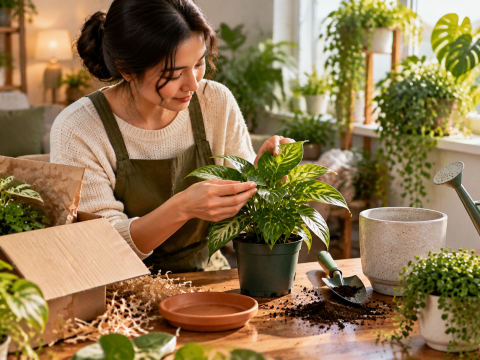 A person carefully inspecting a newly purchased houseplant indoors, showing the process of helping a new plant adjust to light, temperature, and home conditions.