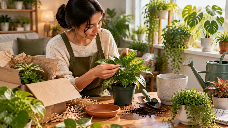 A person carefully inspecting a newly purchased houseplant indoors, showing the process of helping a new plant adjust to light, temperature, and home conditions.