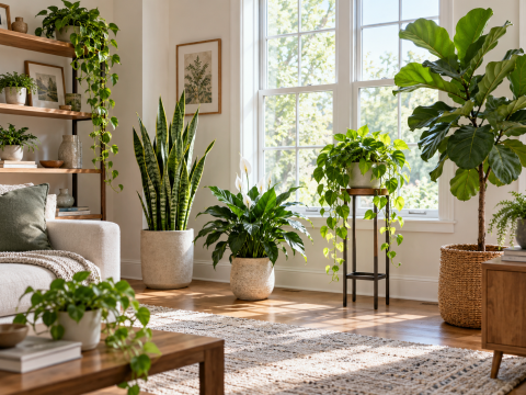 Well-spaced houseplants arranged in a bright indoor living room with natural light and layered plant styling