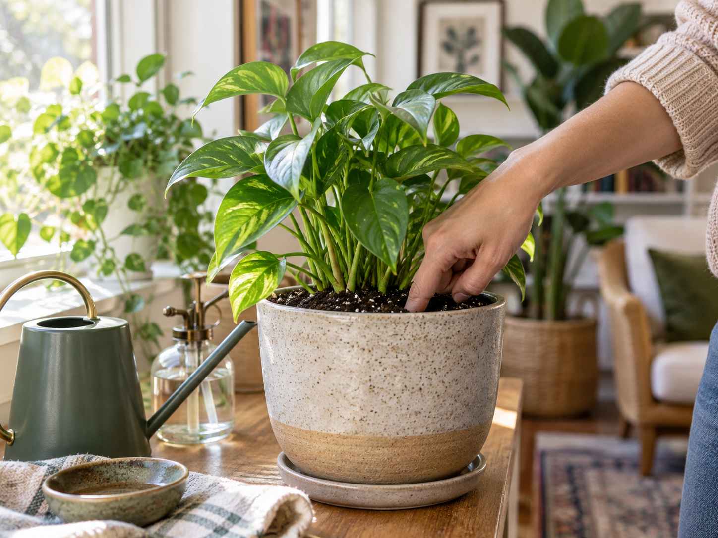 Person checking the soil moisture of a potted houseplant by a bright window before watering, in a cozy indoor plant care setting.