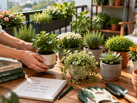 A small-space balcony garden with compact and dwarf plants arranged in different containers, showing how to select plants that fit limited growing areas.