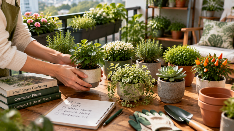 A small-space balcony garden with compact and dwarf plants arranged in different containers, showing how to select plants that fit limited growing areas.