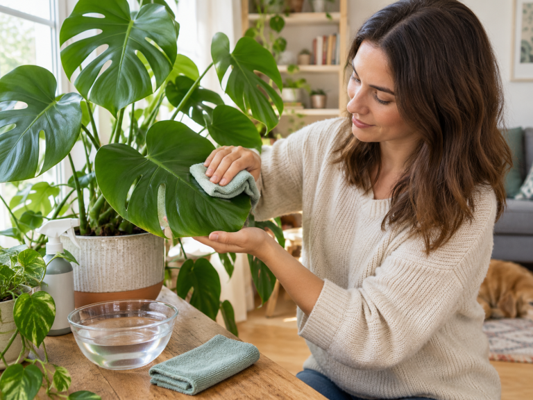 Person gently cleaning houseplant leaves with a soft cloth near a bright window to remove dust without damaging the leaf surface.