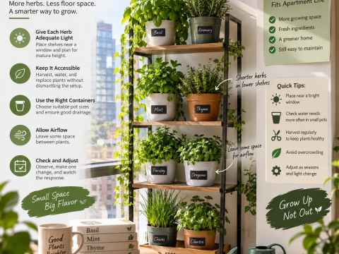 Vertical herb garden on a multi-tier shelf beside a bright apartment window, with herbs arranged at different heights for light, airflow, watering, and easy harvesting.