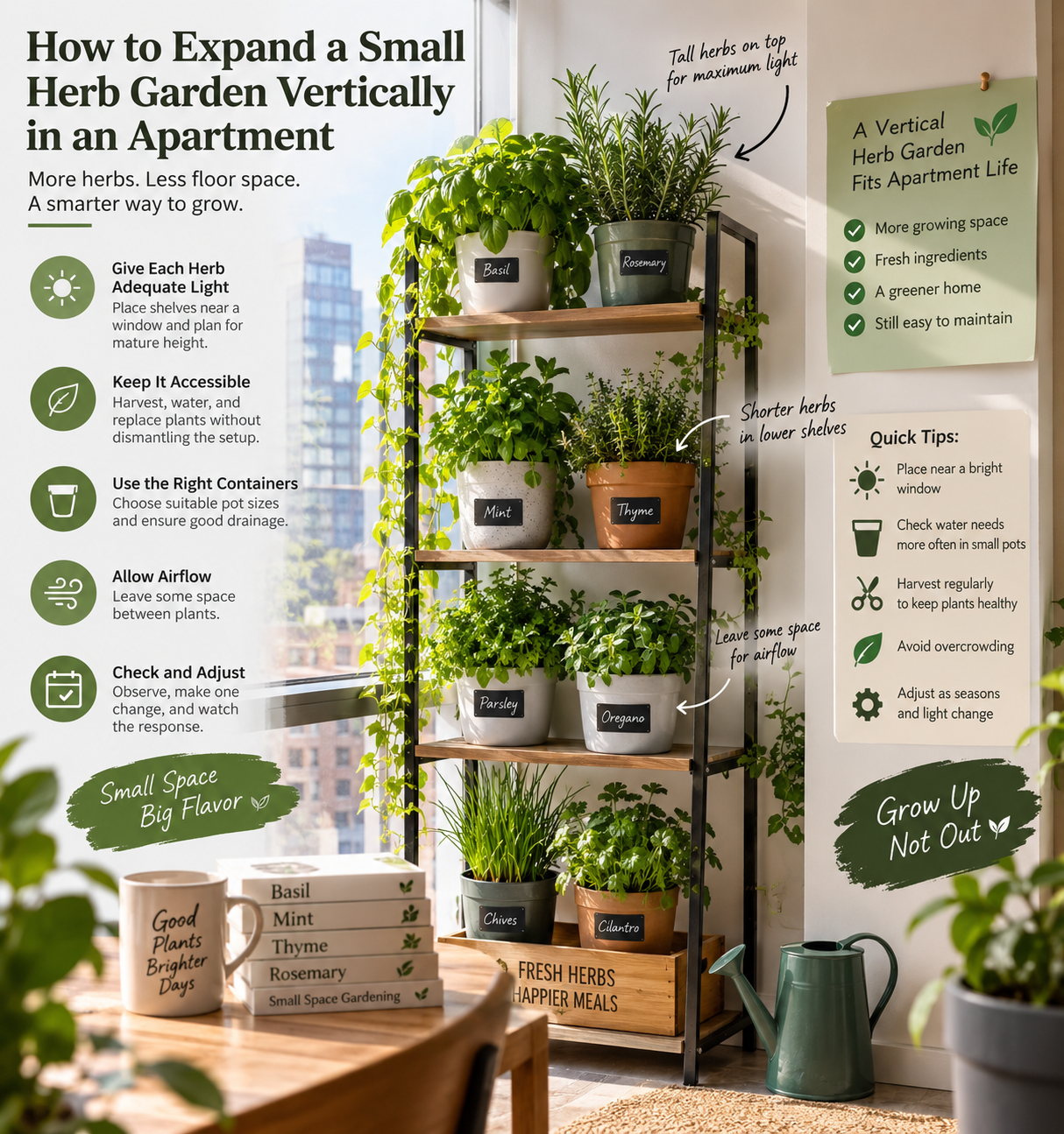 Vertical herb garden on a multi-tier shelf beside a bright apartment window, with herbs arranged at different heights for light, airflow, watering, and easy harvesting.