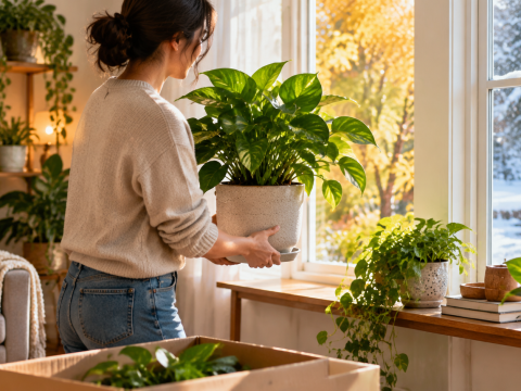 A person carefully moving a houseplant to a brighter indoor location near a window during seasonal changes, showing gradual plant relocation to maintain suitable light and temperature conditions.