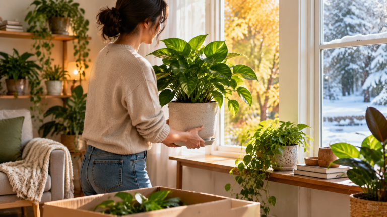 A person carefully moving a houseplant to a brighter indoor location near a window during seasonal changes, showing gradual plant relocation to maintain suitable light and temperature conditions.