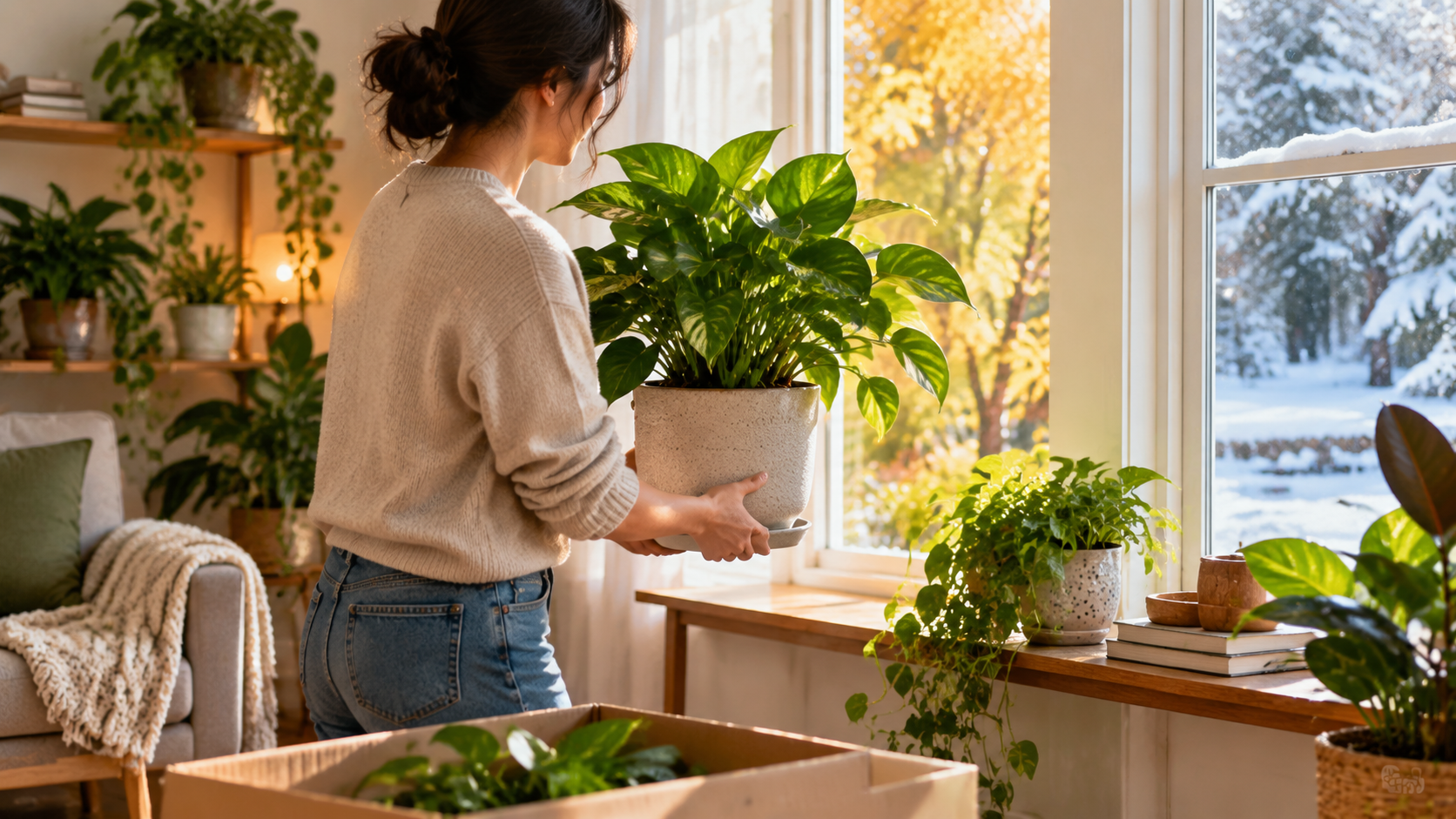 A person carefully moving a houseplant to a brighter indoor location near a window during seasonal changes, showing gradual plant relocation to maintain suitable light and temperature conditions.