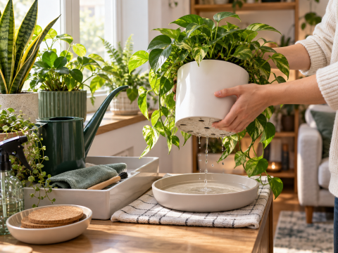 Person lifting a freshly watered houseplant above a drainage tray and towel to prevent excess water from damaging indoor surfaces.