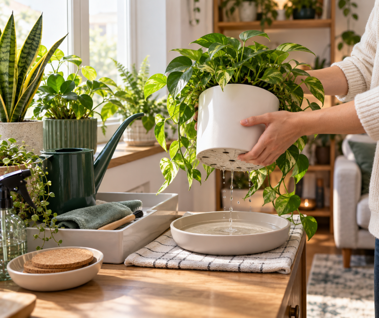 Person lifting a freshly watered houseplant above a drainage tray and towel to prevent excess water from damaging indoor surfaces.