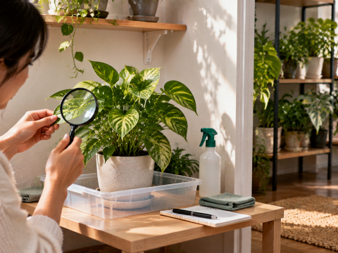 A new houseplant placed separately from an existing plant collection while being inspected for pests and stress signs during a quarantine period.
