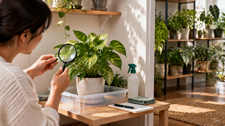 A new houseplant placed separately from an existing plant collection while being inspected for pests and stress signs during a quarantine period.