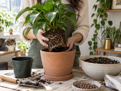 Person repotting a healthy houseplant indoors with fresh potting mix, a larger pot, and gardening tools on a table