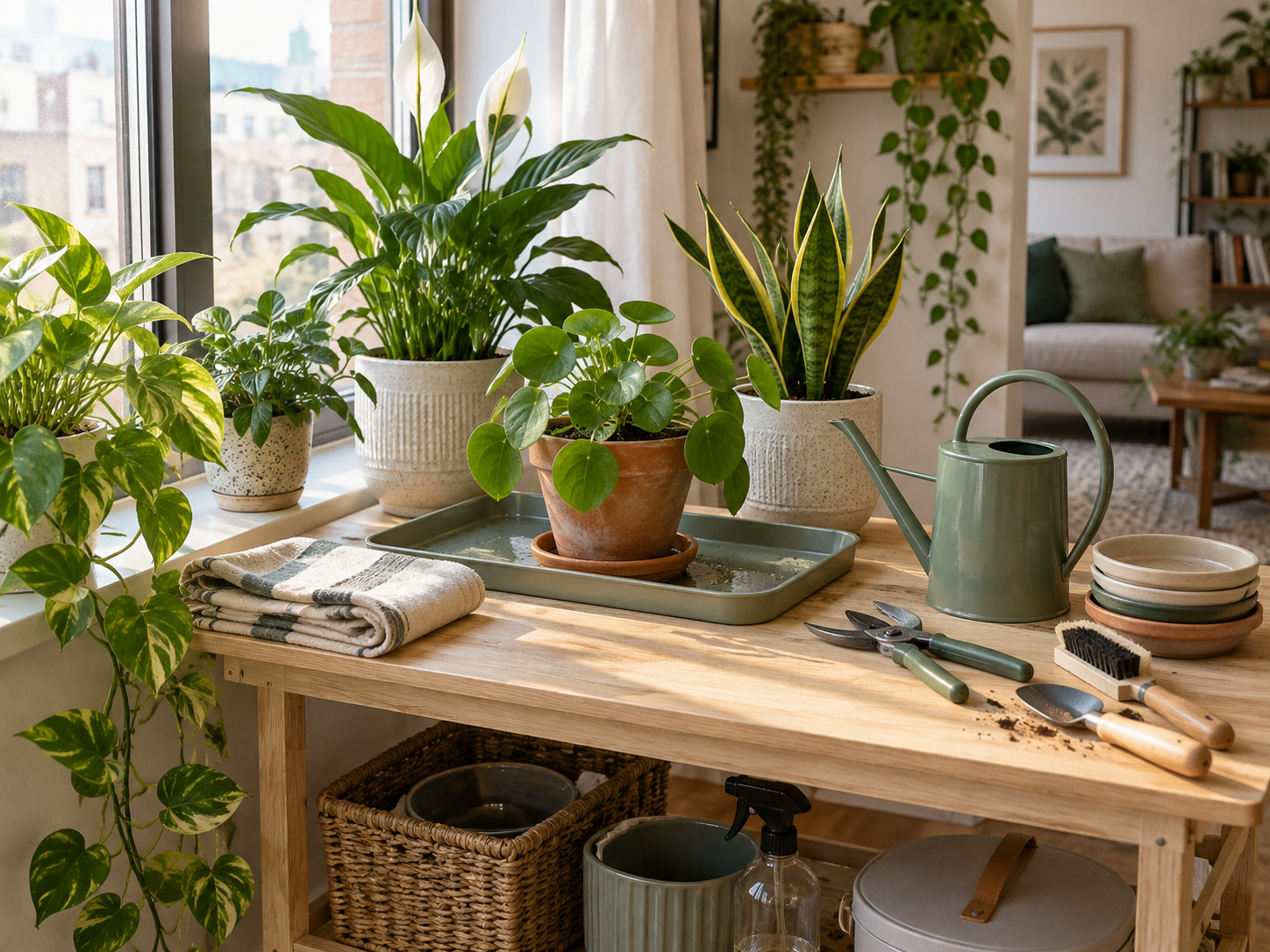 Indoor plant watering station with a watering can, drainage tray, towels, and basic plant-care tools arranged beside healthy houseplants in a bright room.