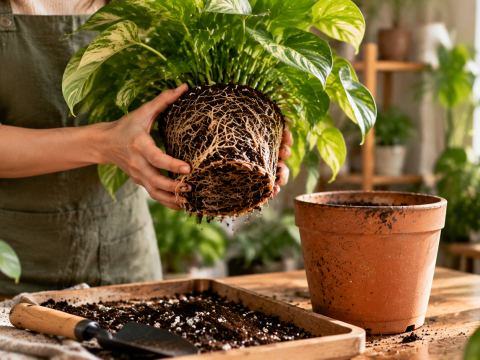 A houseplant being removed from its pot to inspect a dense root ball, showing how to identify root-bound conditions before deciding whether repotting is needed.