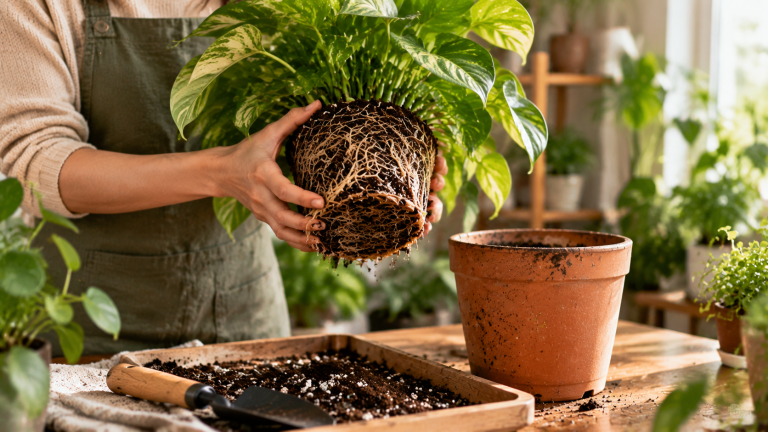 A houseplant being removed from its pot to inspect a dense root ball, showing how to identify root-bound conditions before deciding whether repotting is needed.
