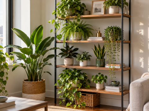 Indoor plants arranged on open shelves near a bright window, showing how vertical space can be used for healthy plant growth in a small home.