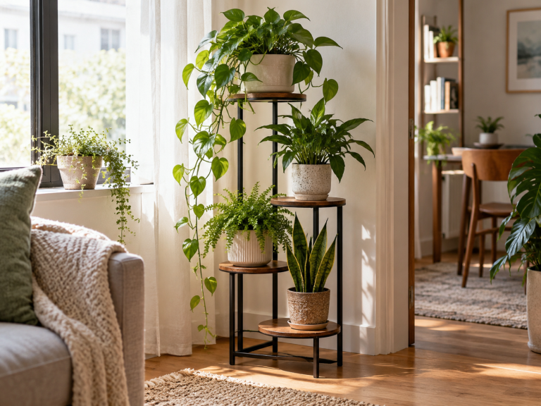 Tiered plant stand in a small bright room with houseplants arranged at different heights while leaving enough space for light, airflow, and easy watering.