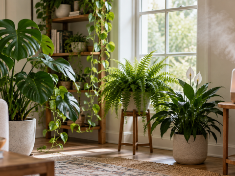 Humidifier placed near several healthy houseplants in a bright room, with a digital hygrometer monitoring indoor humidity levels.